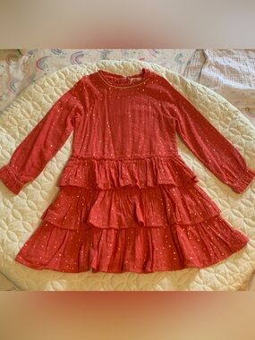 Mini Boden Red Long-Sleeve Tiered Ruffle Dress with Gold Dots